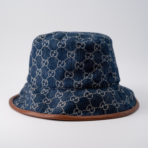 size M - Gucci Blue Denim Bucket Hat GG Monogram Washed Jacquard Leather brim - Picture 1 of 7
